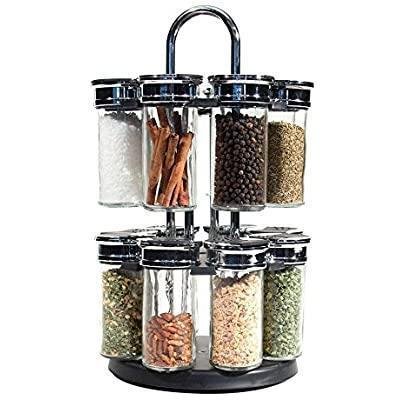 16 REVOLVING MASALA PLASTIC HERBS KITCHEN SPICE RACK CAROUSEL STAND 2 TIER GLASS JARS BACK SILVER CHROME