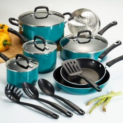 15-Piece Get Cooking! Stackable Nonstick Cookware Set, Marine Blue