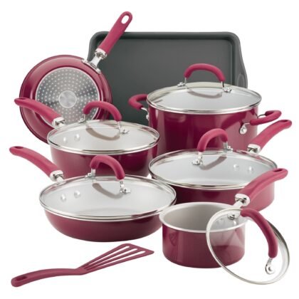 Delicious Aluminum Nonstick Cookware Set, 13-Piece, Burgundy Shimmer